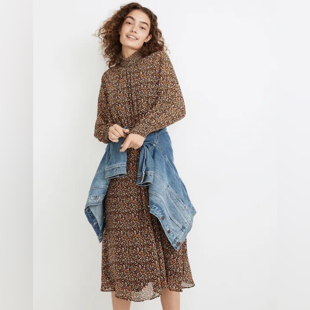 Madewell Women's Large (Re)sourced Georgette Smocked-Neck Midi Dress Folktale Pa